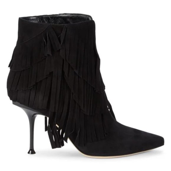 NIB$1265 SERGIO ROSSI Fringed Ankle Suede Booties Pointed Toe Stiletto Heels 37 - Picture 2 of 16